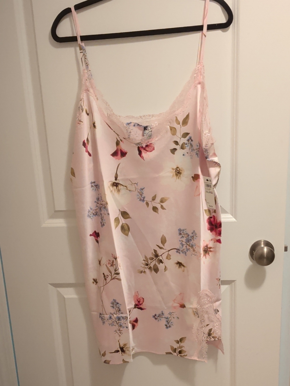 Pink Floral Lace-Trim Satin Nightgown